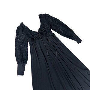 Vintage Black Maxi Dress 1970s Lace Up Rags By Kressandra Size 7 Long Sleeves